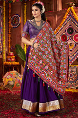 Purple Silk Flared Chaniya with Kachchi Worked Dupatta