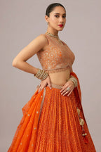 Orange Chinon Woven Butti Pleated Lehenga with Sequin Embroidery Work