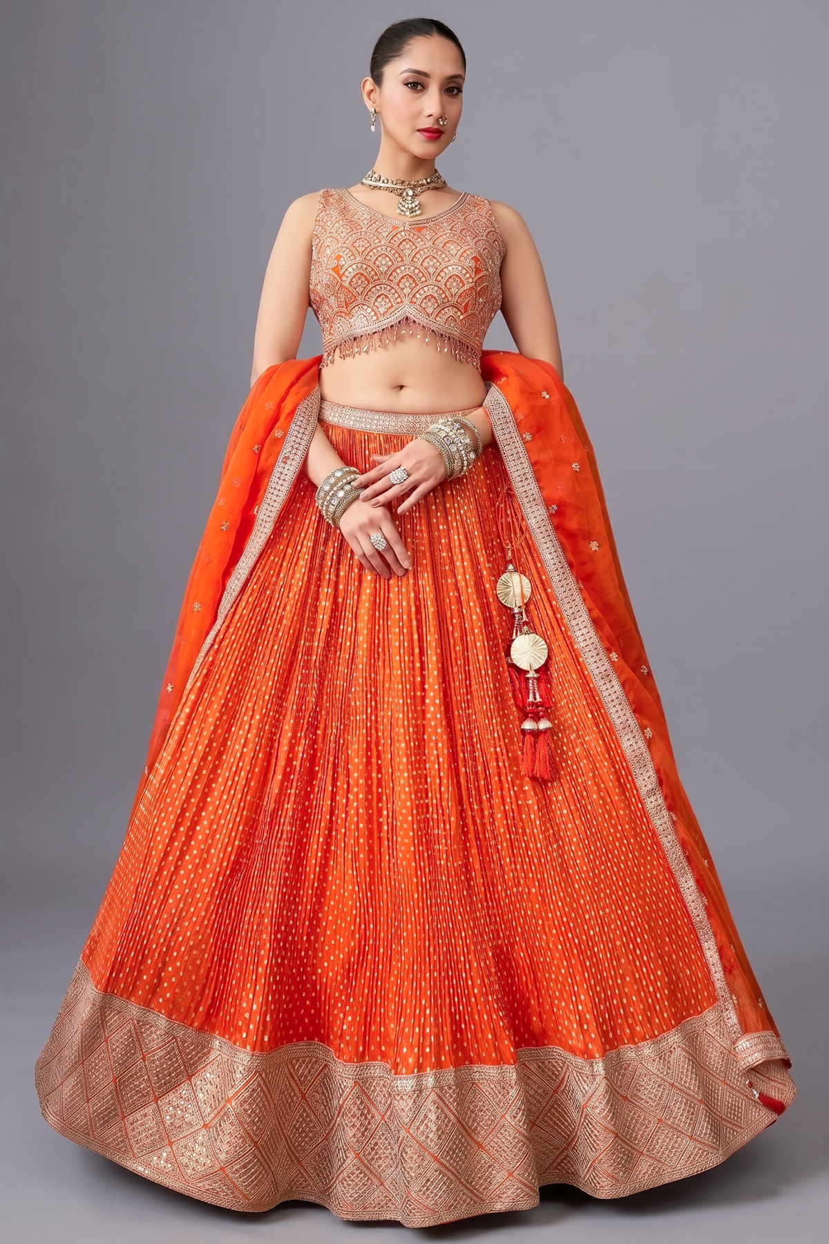 Orange Chinon Woven Butti Pleated Lehenga with Sequin Embroidery Work