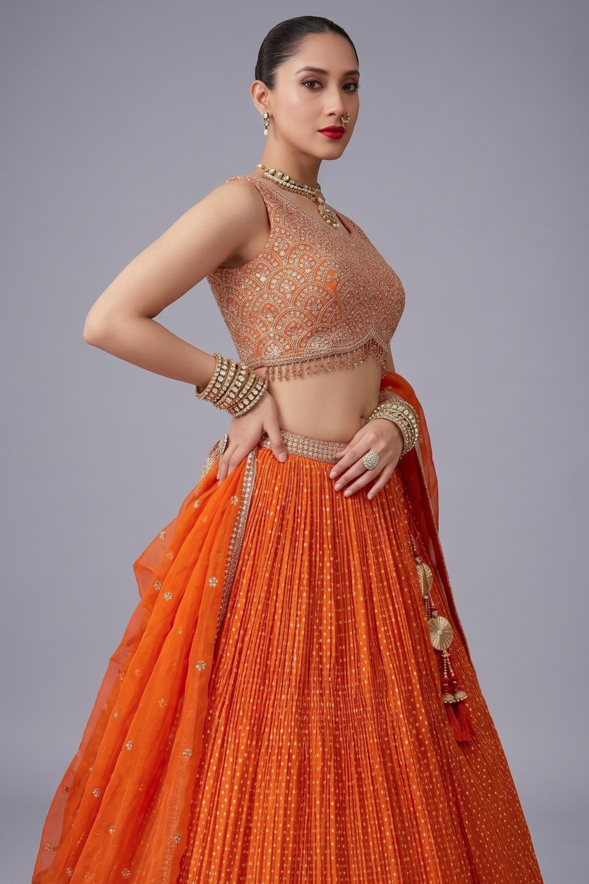 Orange Chinon Woven Butti Pleated Lehenga with Sequin Embroidery Work