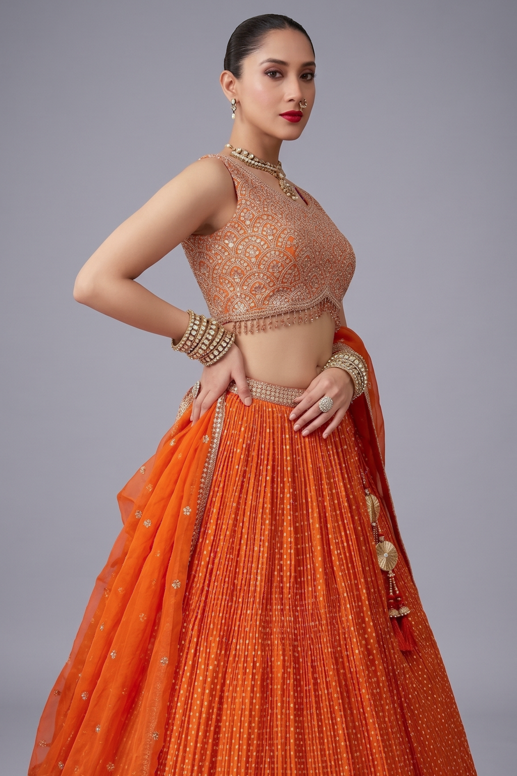 Orange Chinon Woven Butti Pleated Lehenga with Sequin Embroidery Work