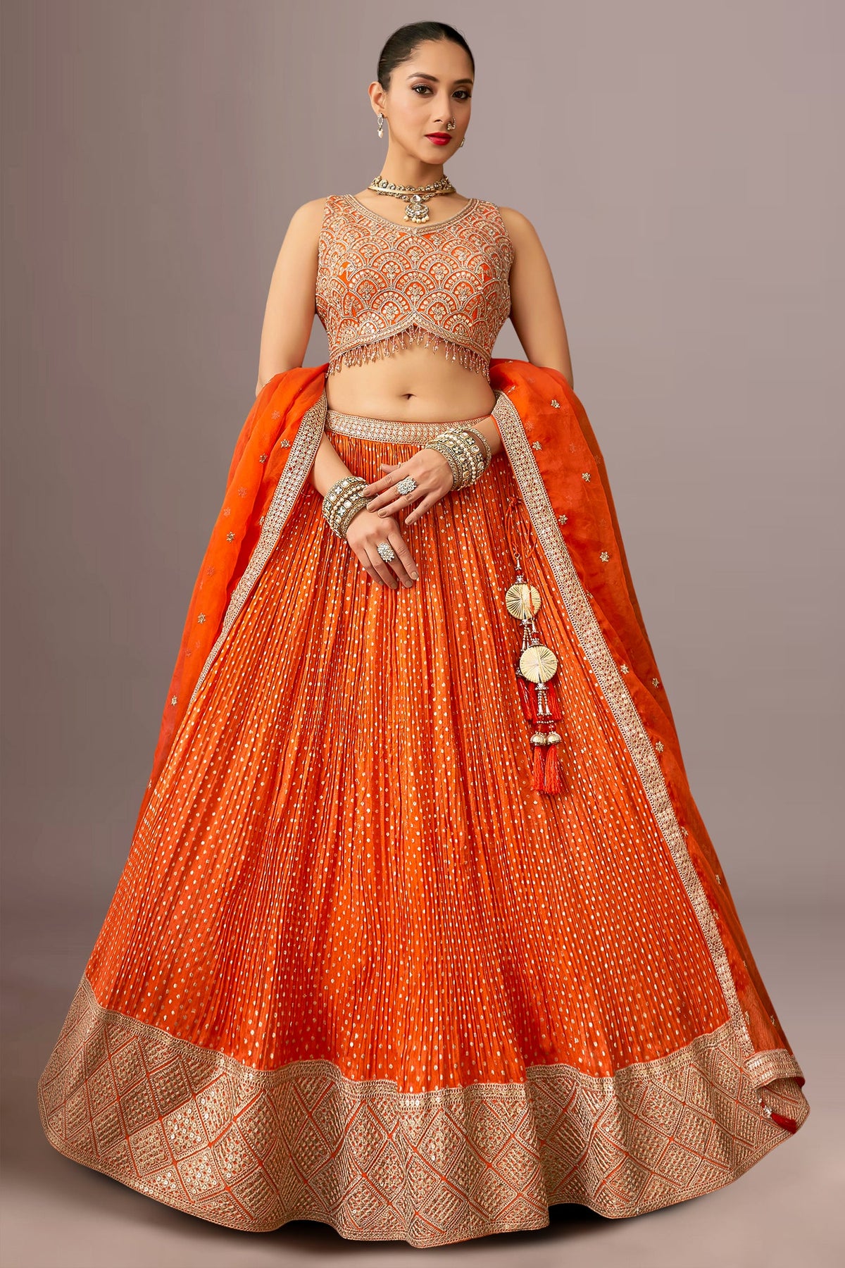 Orange Chinon Woven Butti Pleated Lehenga with Sequin Embroidery Work
