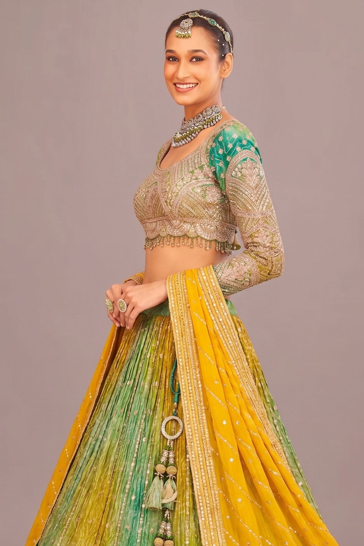 Multi Colored Chinon Silk Bandhej Lehenga with Sequin Embroidery Work