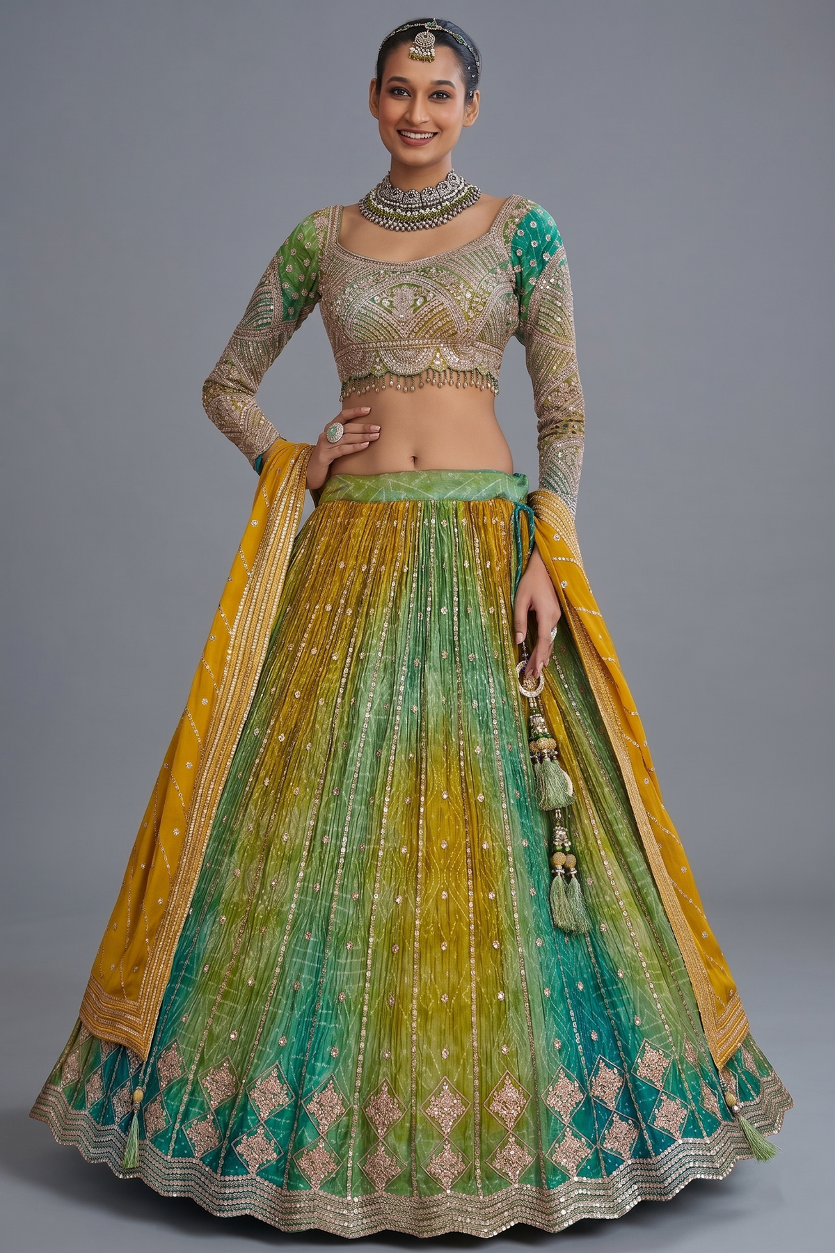 Multi Colored Chinon Silk Bandhej Lehenga with Sequin Embroidery Work