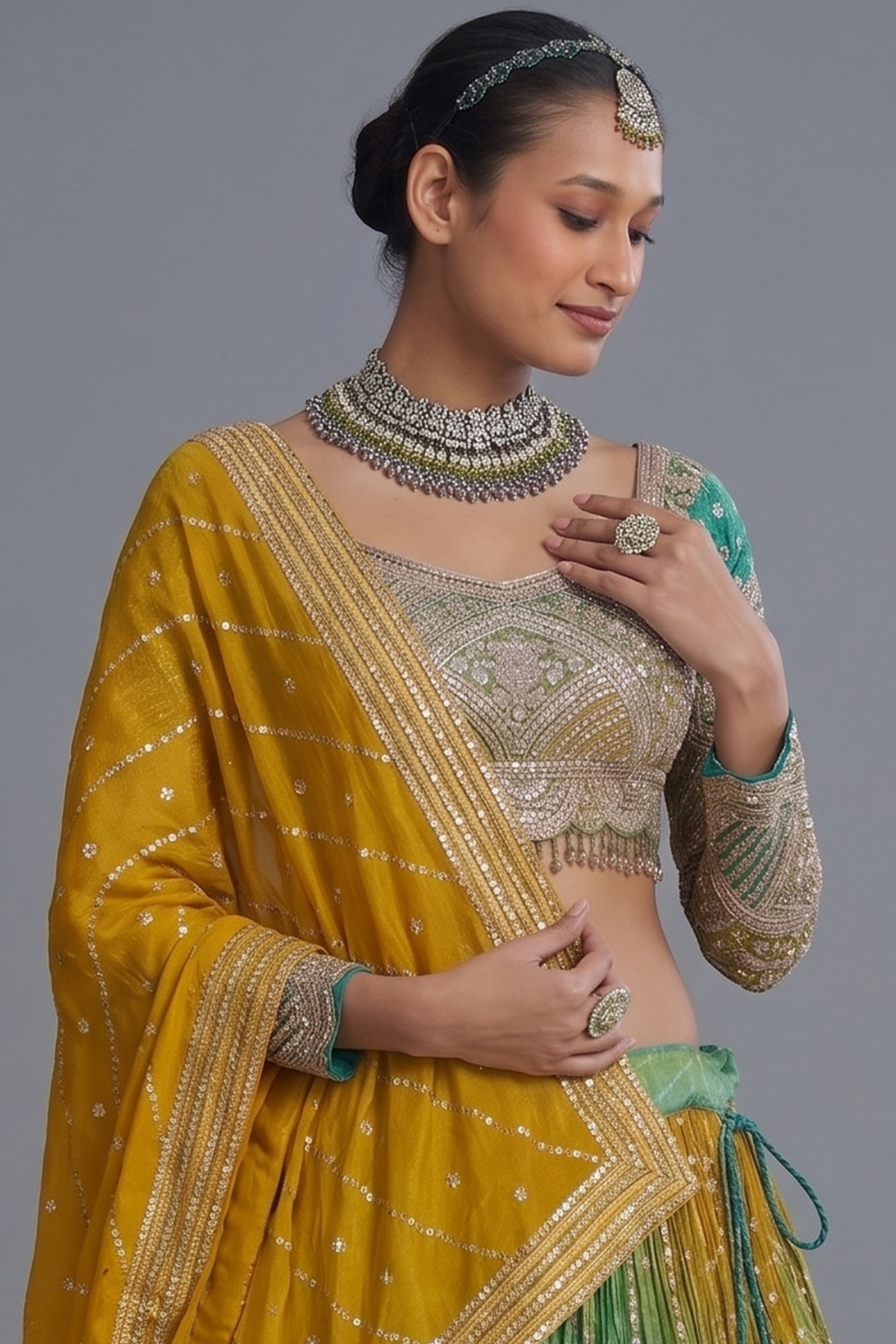 Multi Colored Chinon Silk Bandhej Lehenga with Sequin Embroidery Work