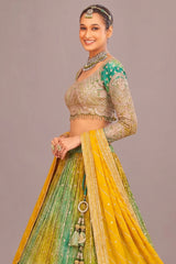 Multi Colored Chinon Silk Bandhej Lehenga with Sequin Embroidery Work