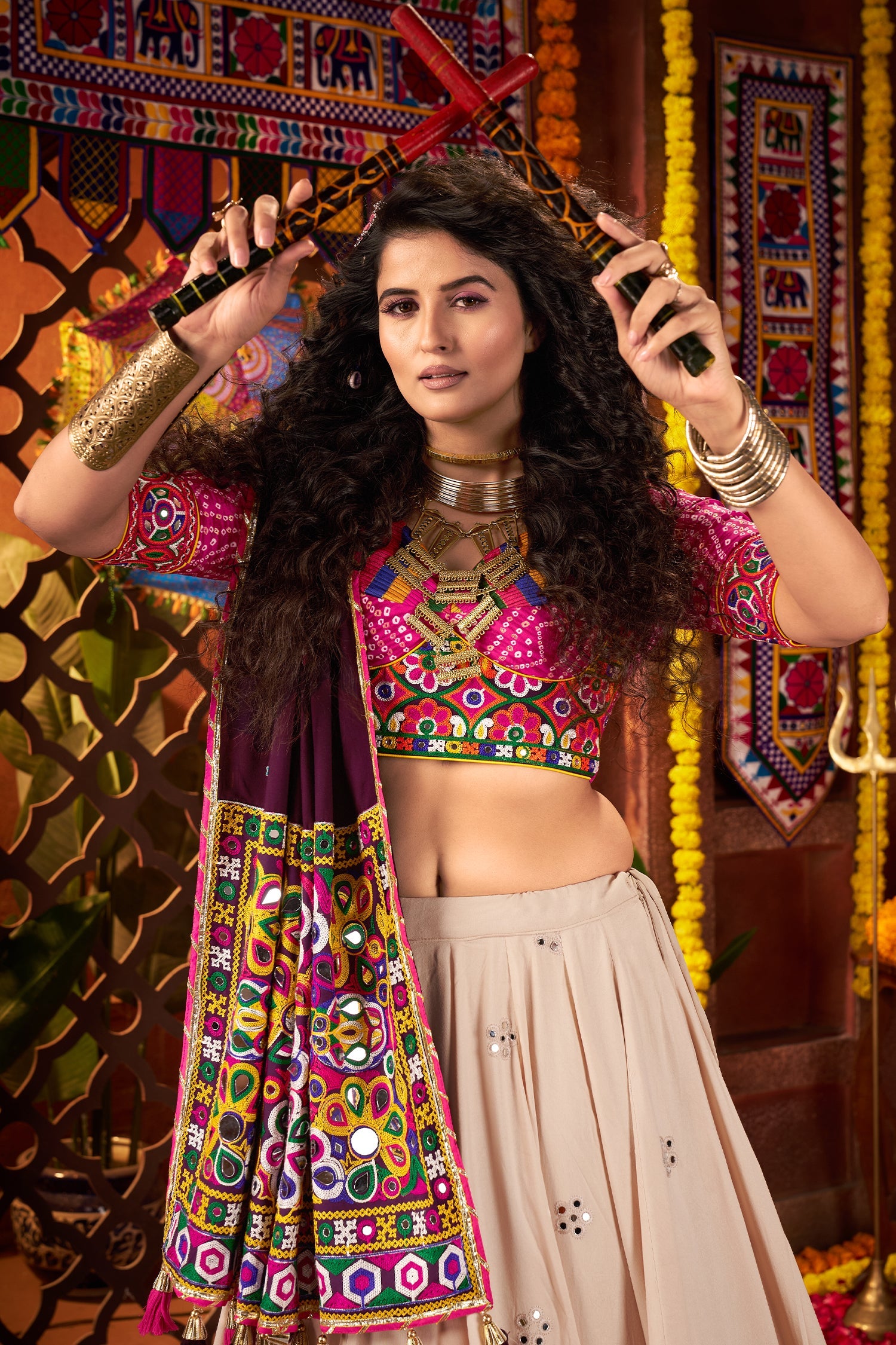 Beige Cotton Mirror Worked Chaniya Choli with Kachchi Work Dupatta