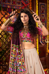 Beige Cotton Mirror Worked Chaniya Choli with Kachchi Work Dupatta
