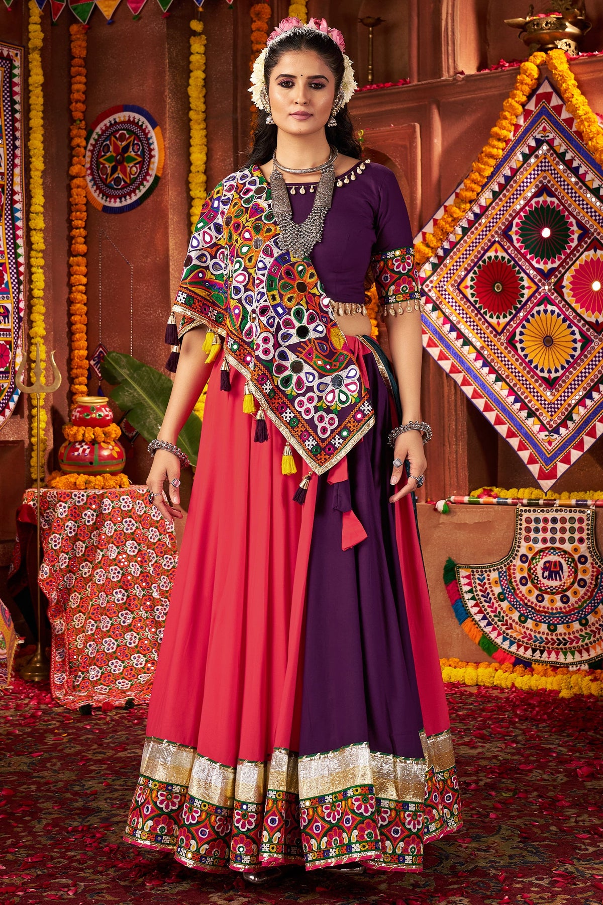 Multi Colored Viscose Cotton Kachchi Embroidered Chaniya Choli