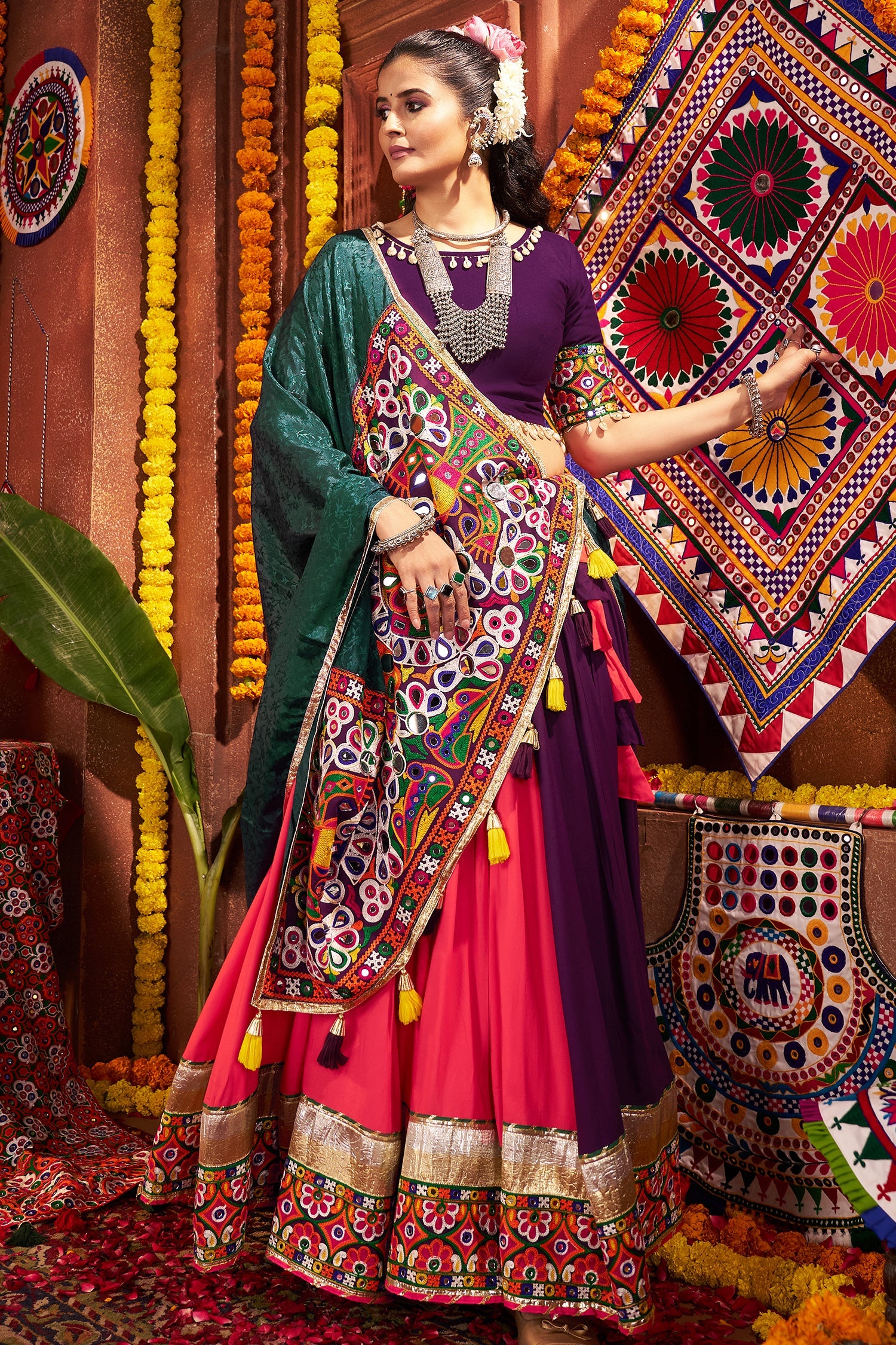 Multi Colored Viscose Cotton Kachchi Embroidered Chaniya Choli