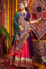 Multi Colored Viscose Cotton Kachchi Embroidered Chaniya Choli