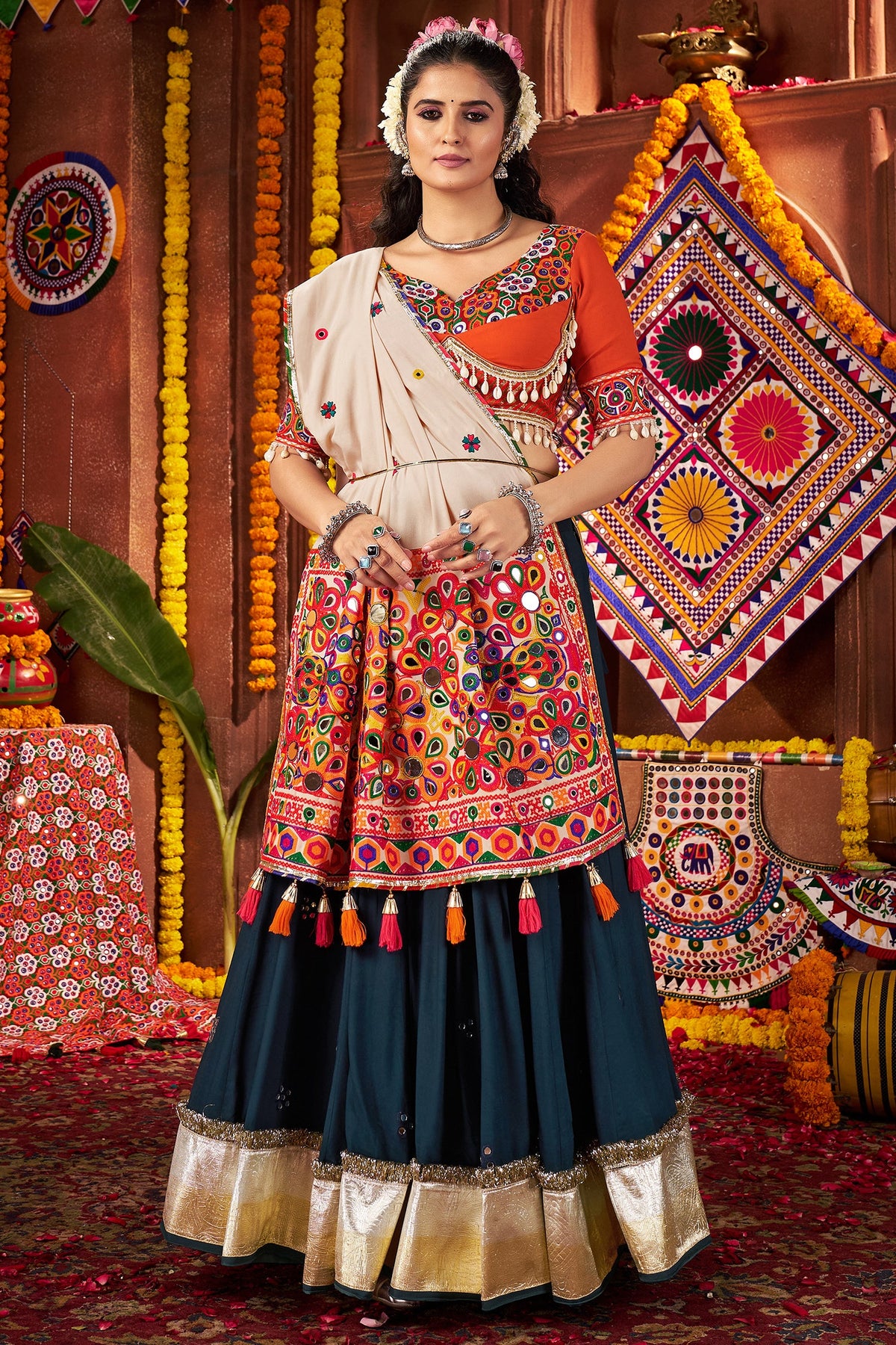 Teal Blue Viscose Cotton Mirror Worked Chaniya Choli with Kachchi Work Dupatta