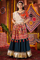 Teal Blue Viscose Cotton Mirror Worked Chaniya Choli with Kachchi Work Dupatta