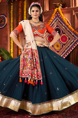 Teal Blue Viscose Cotton Mirror Worked Chaniya Choli with Kachchi Work Dupatta