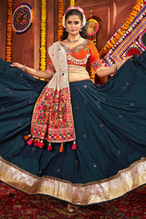 Teal Blue Viscose Cotton Mirror Worked Chaniya Choli with Kachchi Work Dupatta