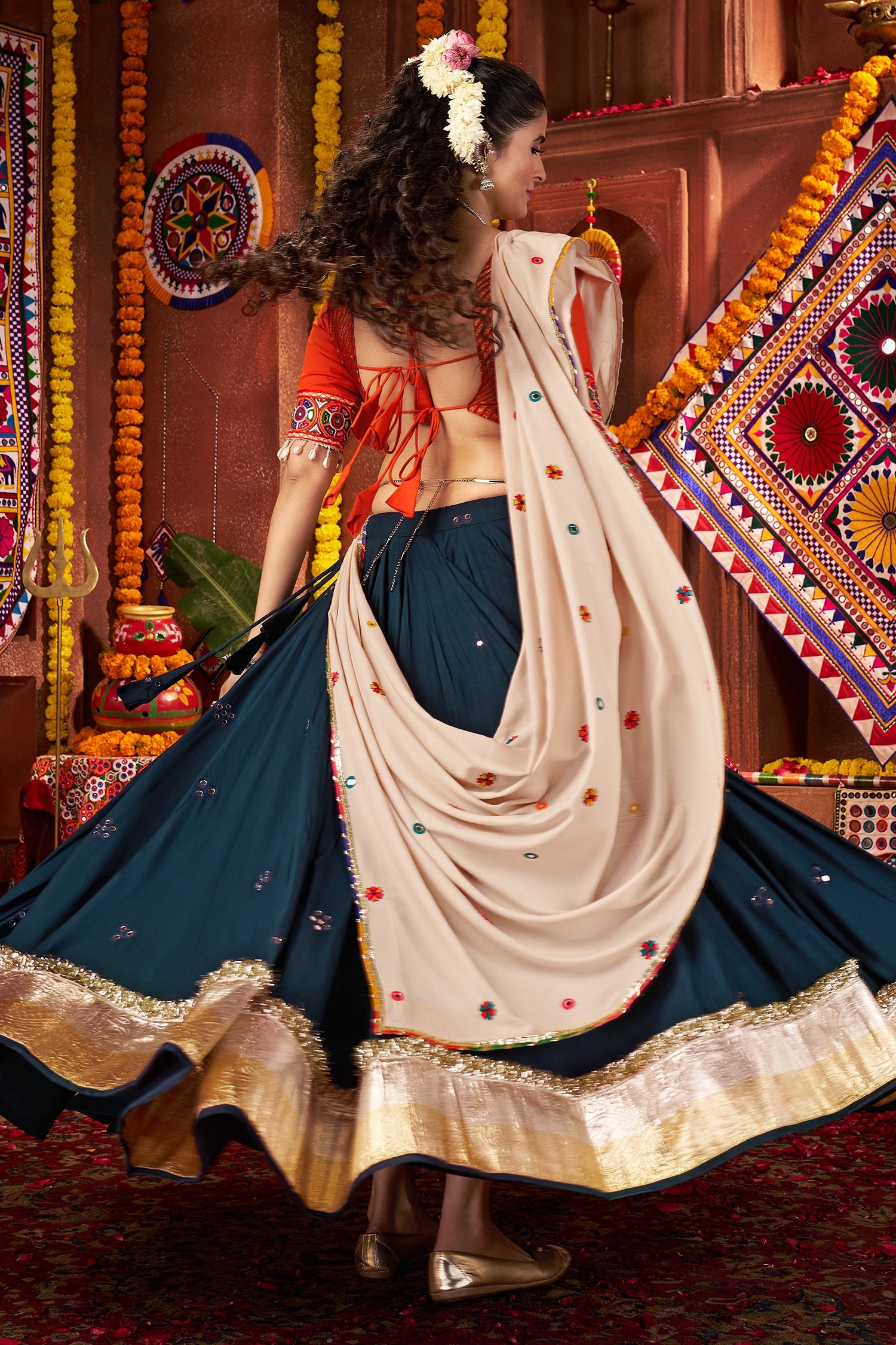 Teal Blue Viscose Cotton Mirror Worked Chaniya Choli with Kachchi Work Dupatta