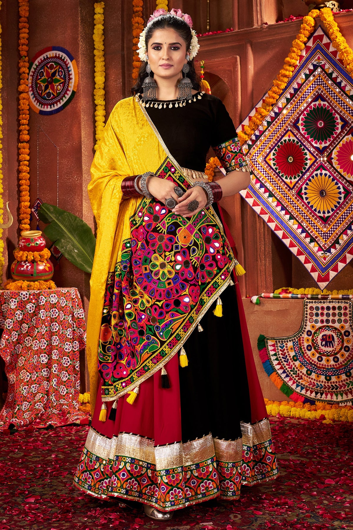 Multi Colored Viscose Cotton Kachchi Embroidered Chaniya Choli