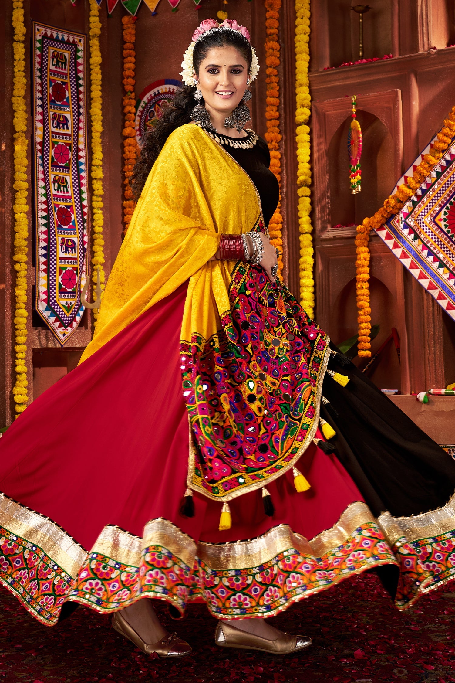 Multi Colored Viscose Cotton Kachchi Embroidered Chaniya Choli
