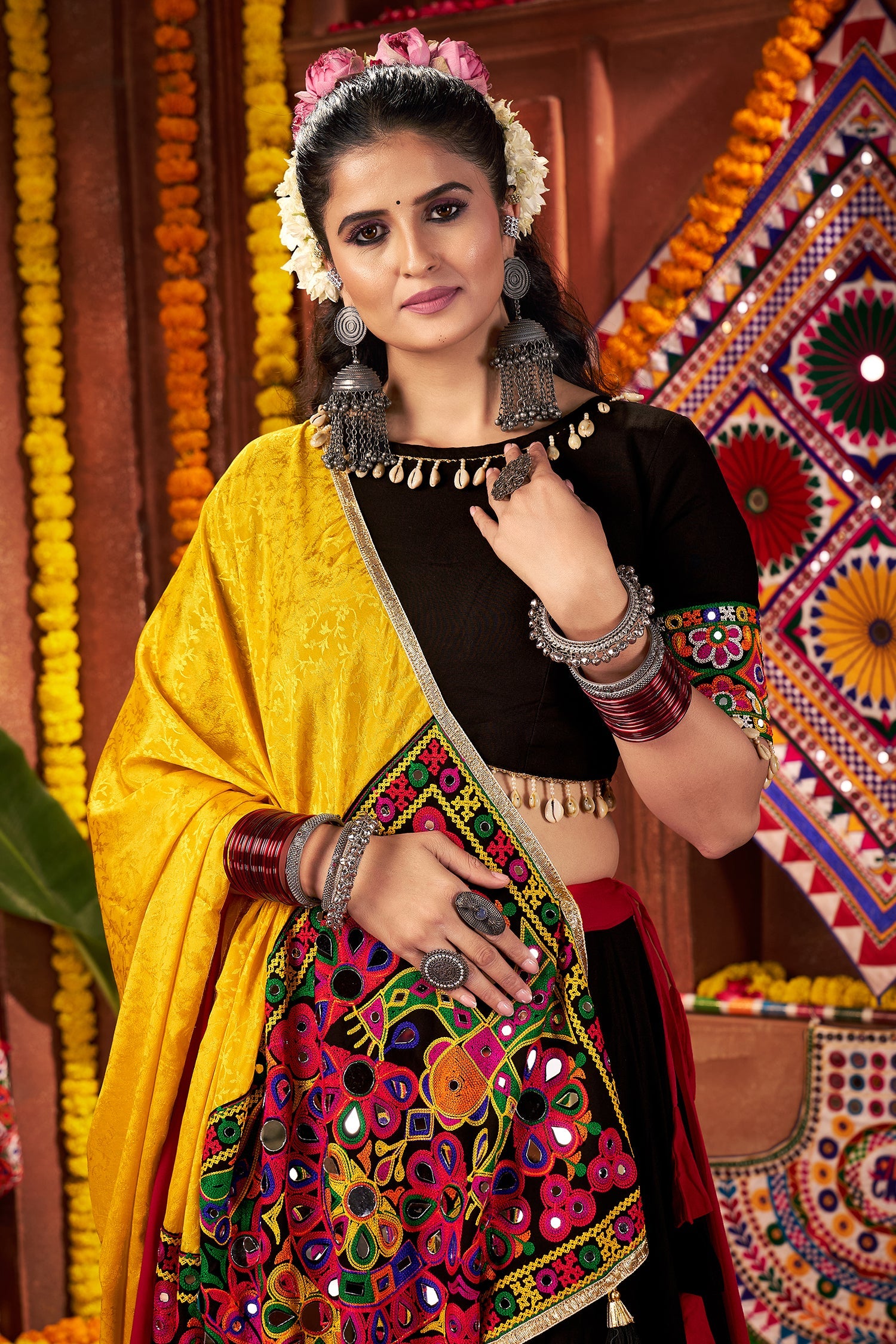 Multi Colored Viscose Cotton Kachchi Embroidered Chaniya Choli