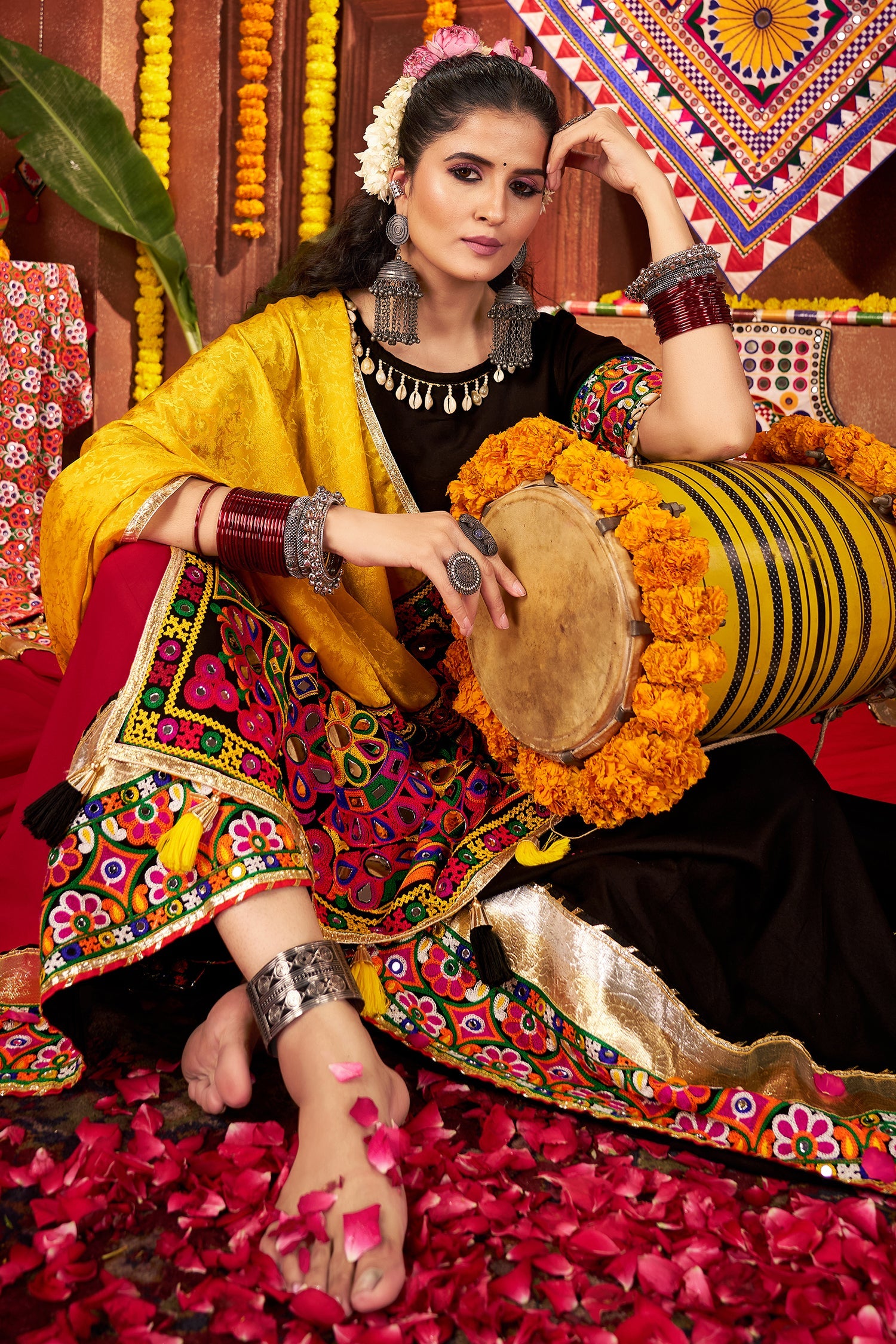 Multi Colored Viscose Cotton Kachchi Embroidered Chaniya Choli