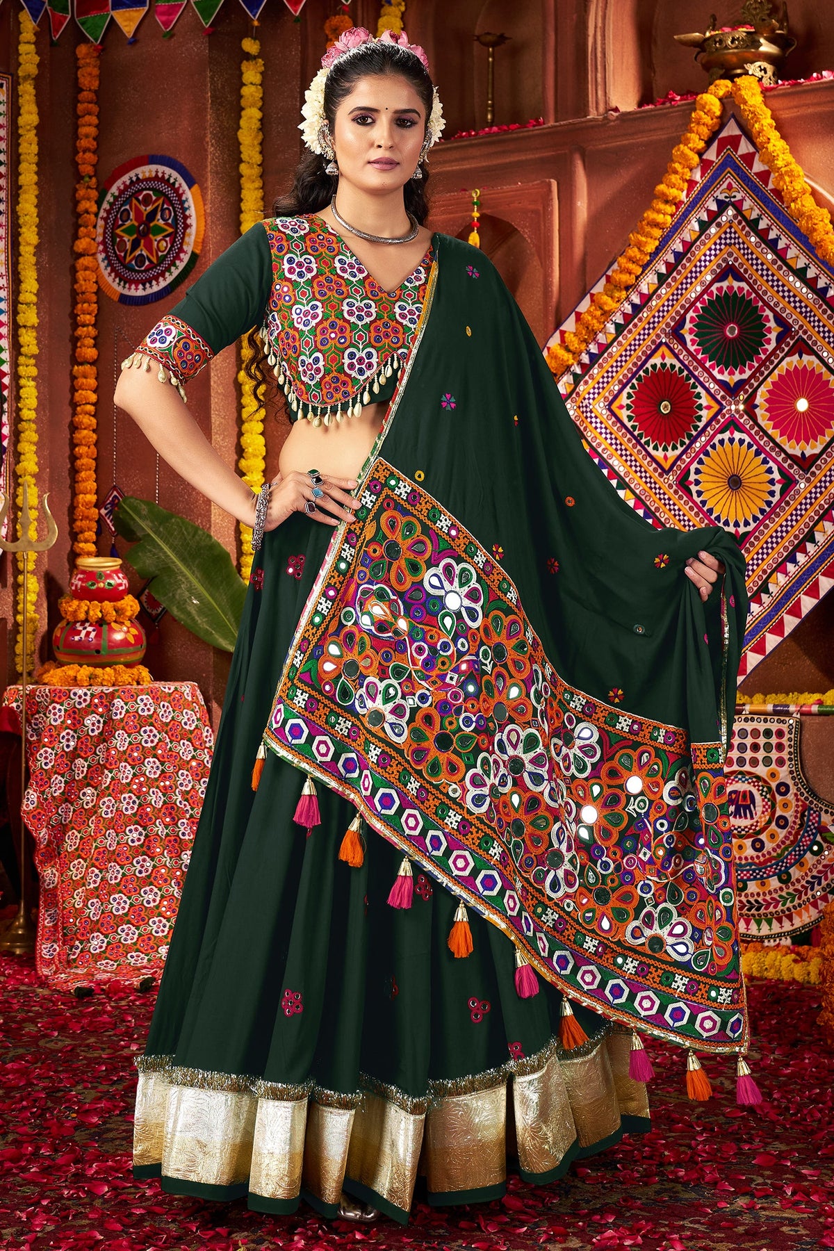 Green Viscose Cotton Chaniya Choli with Kachchi Worked Dupatta