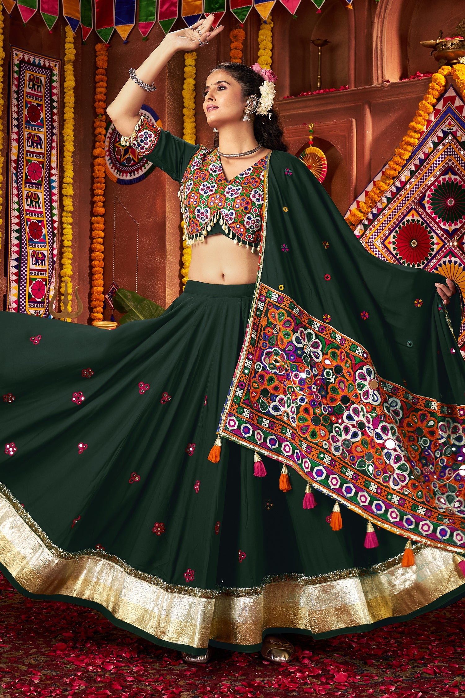Green Viscose Cotton Chaniya Choli with Kachchi Worked Dupatta