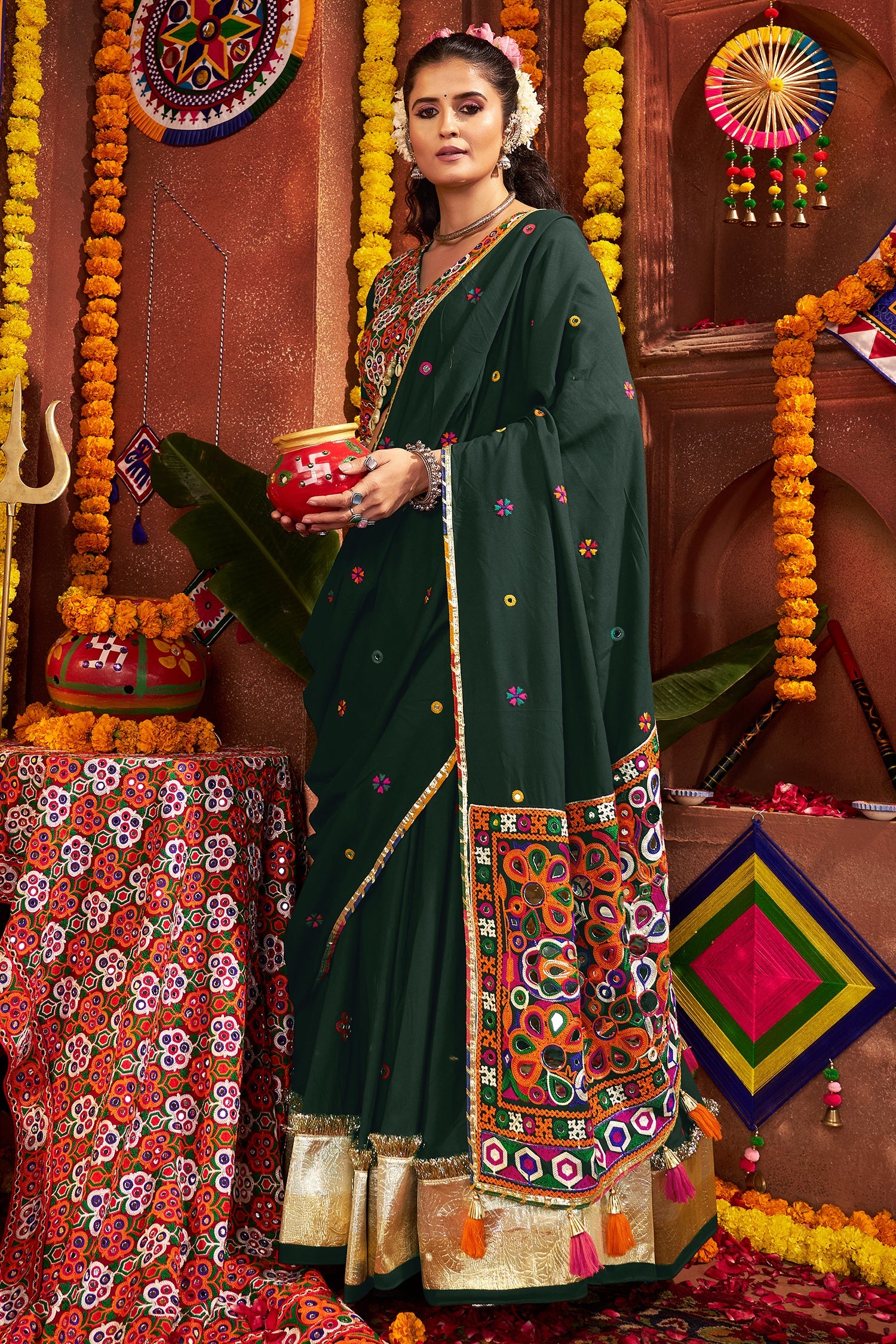 Green Viscose Cotton Chaniya Choli with Kachchi Worked Dupatta
