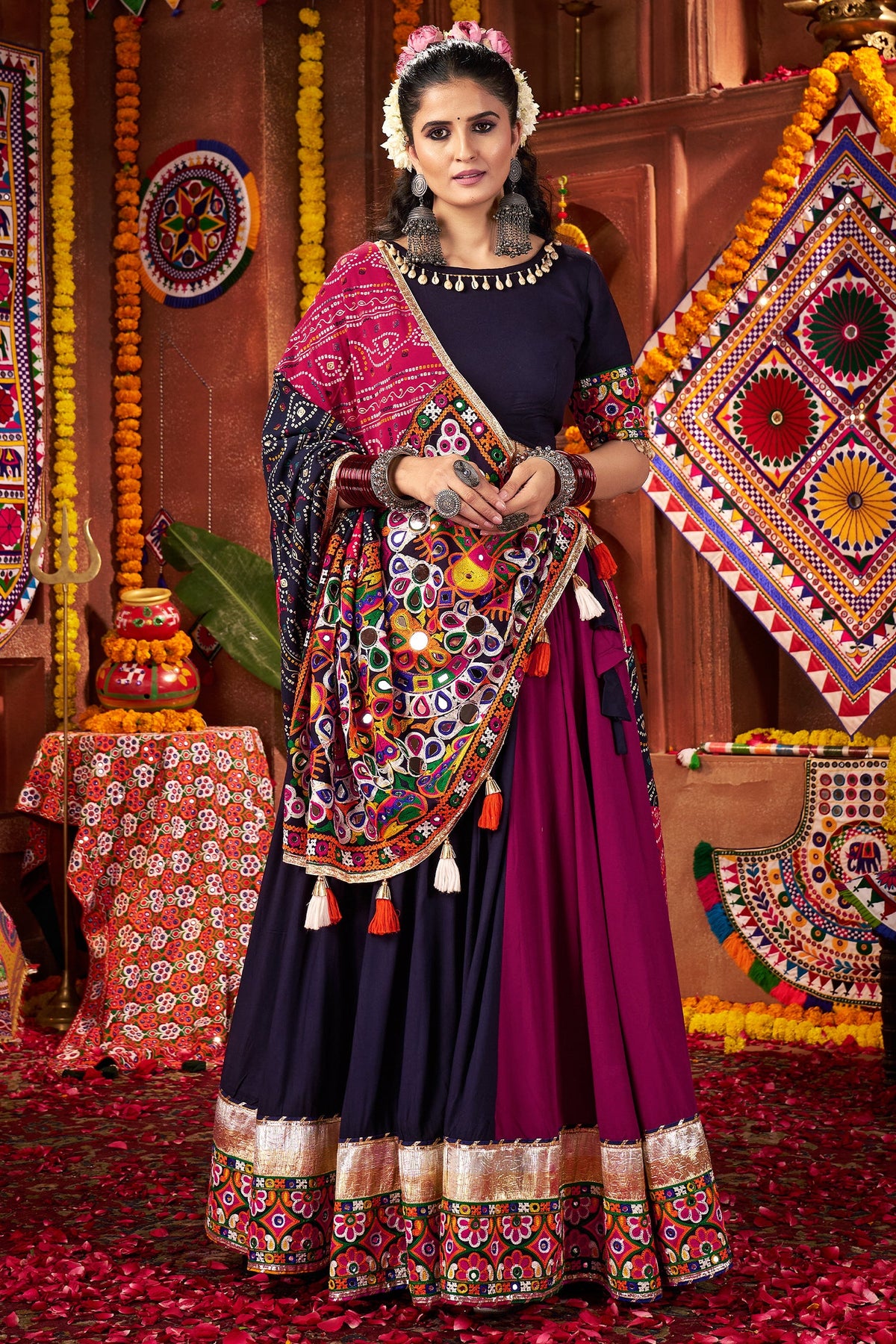 Multi Colored Viscose Cotton Chaniya Choli with Bandhej and Kachchi Work Dupatta