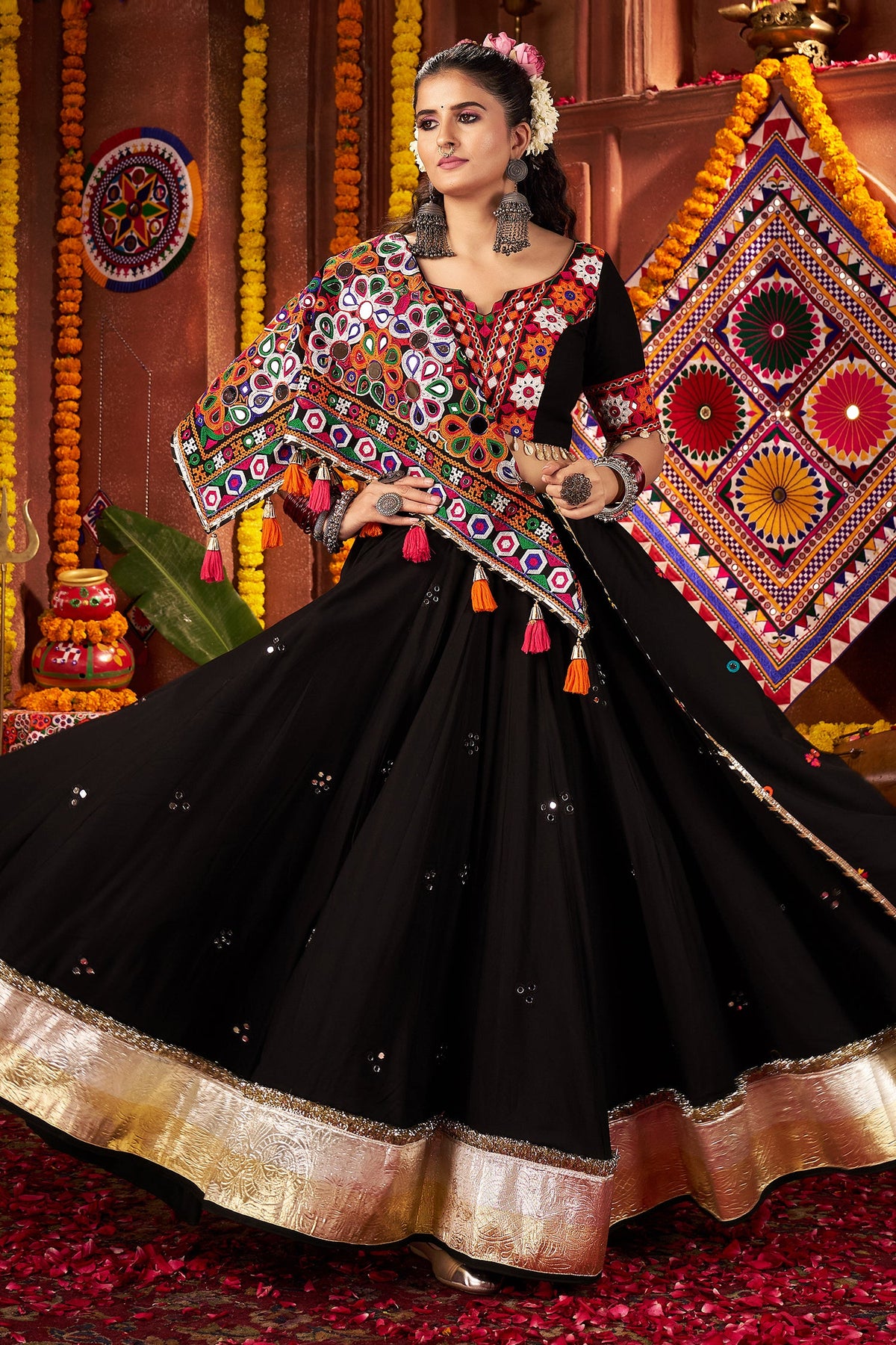 Black Viscose Cotton Kachchi Worked Chaniya Choli