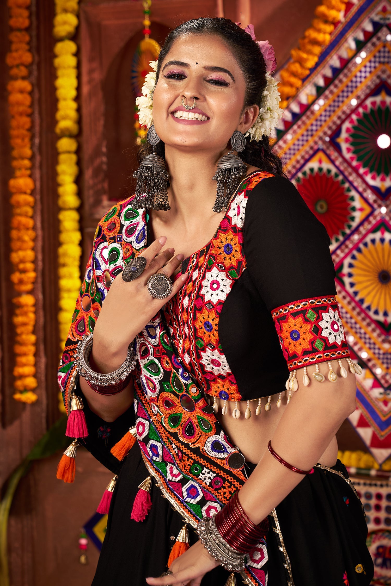 Black Viscose Cotton Kachchi Worked Chaniya Choli