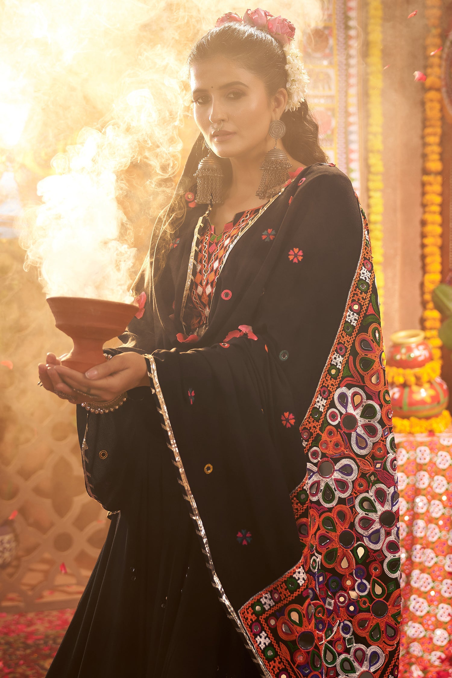 Black Viscose Cotton Kachchi Worked Chaniya Choli