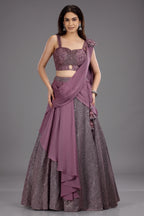 Mauve Net Embellished Sequin Cutdana Worked Lehenga with Attached Dupatta