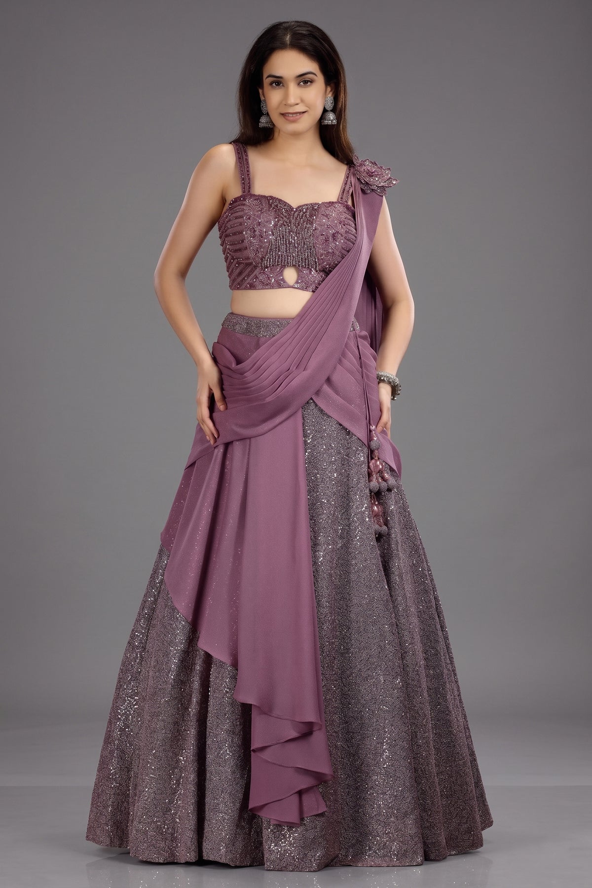 Mauve Net Embellished Sequin Cutdana Worked Lehenga with Attached Dupatta