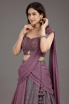 Mauve Net Embellished Sequin Cutdana Worked Lehenga with Attached Dupatta