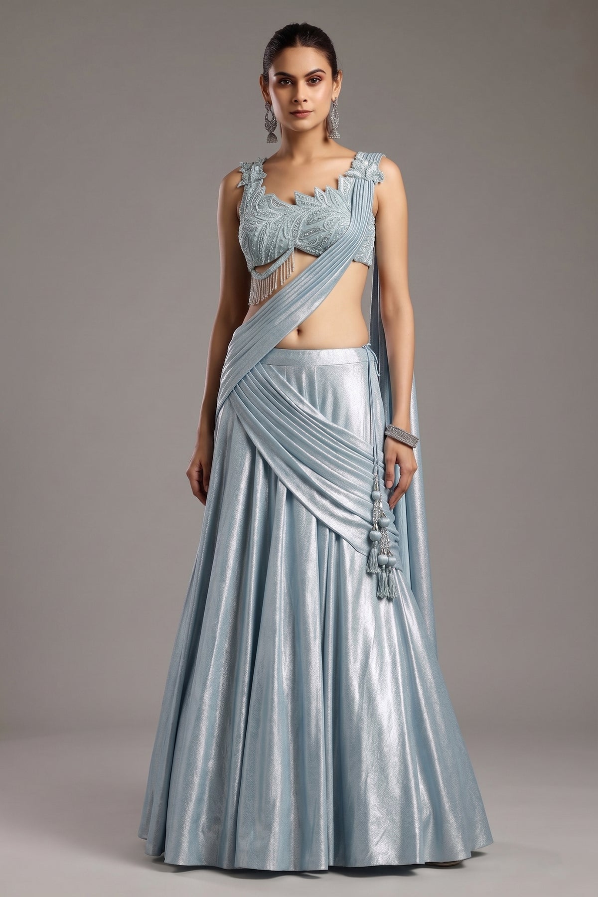 Blue Imported Crepe Silk Lehenga with Embellished Blouse and Attached Dupatta