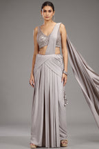 Grey Imported Pleated Lehenga with Attached Dupatta