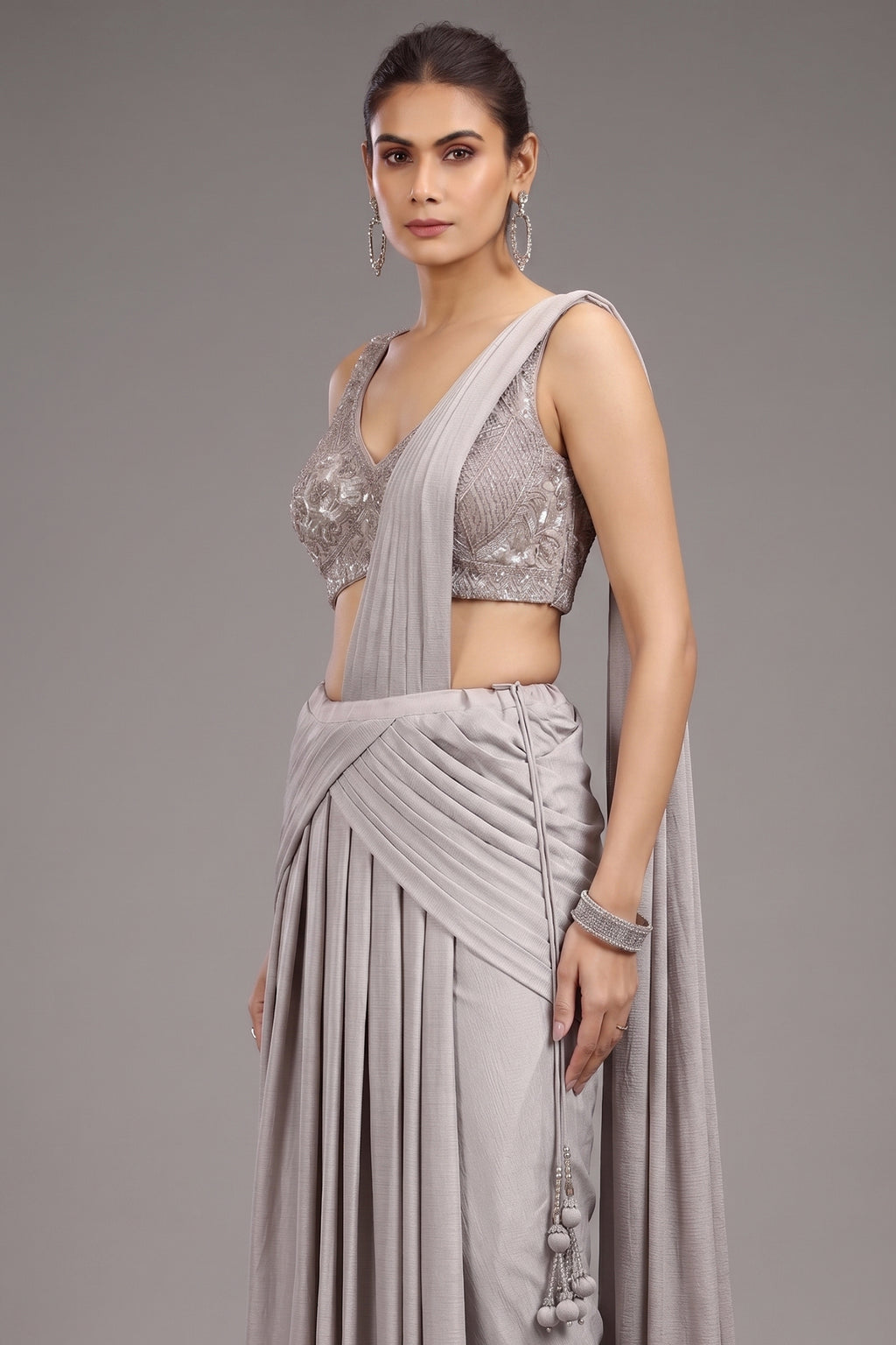 Grey Imported Pleated Lehenga with Attached Dupatta