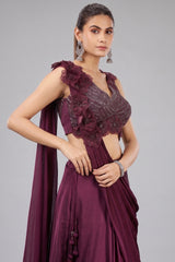 Wine Purple Chinon Lehenga with with Floral Patch Attached Dupatta