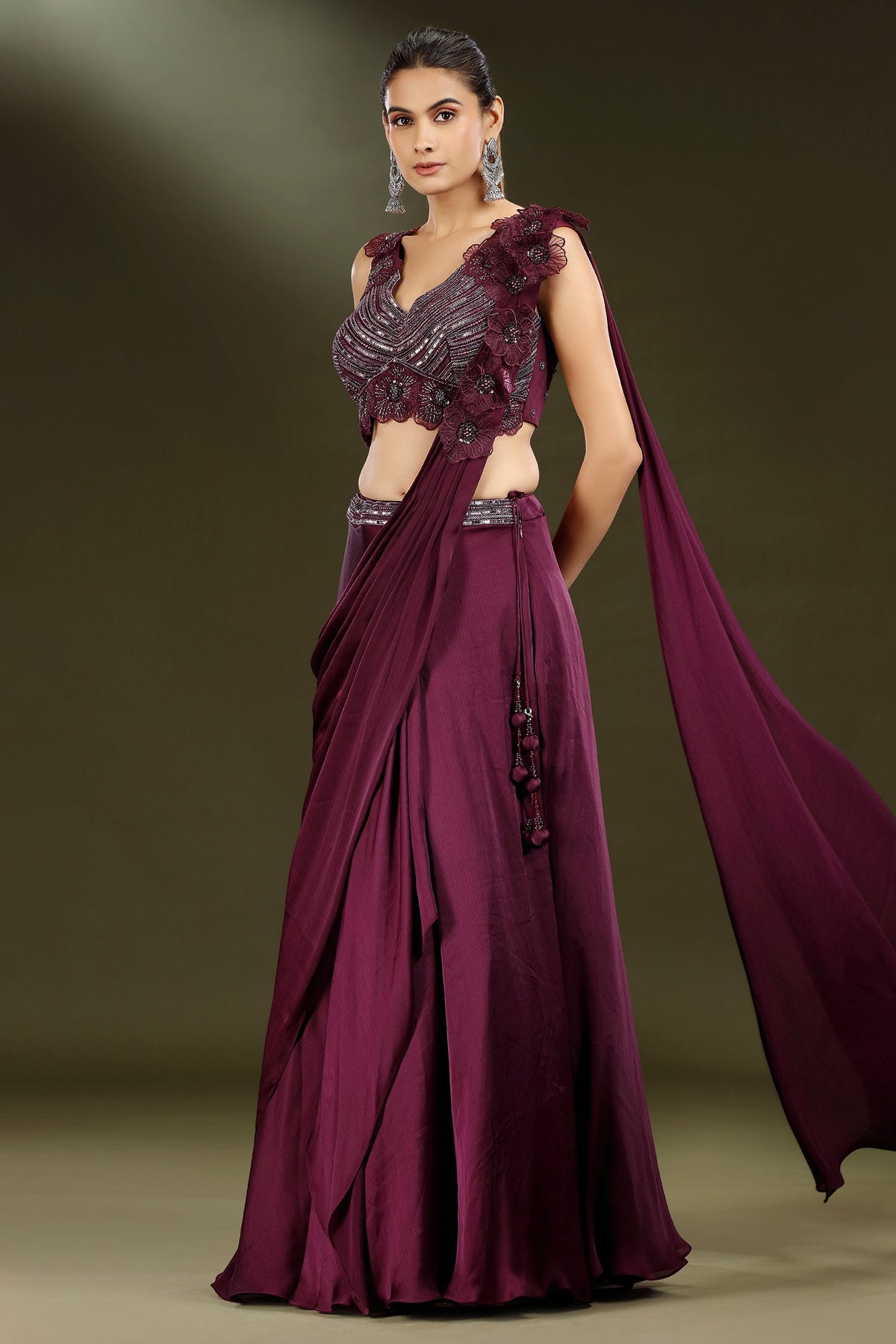 Wine Purple Chinon Lehenga with with Floral Patch Attached Dupatta