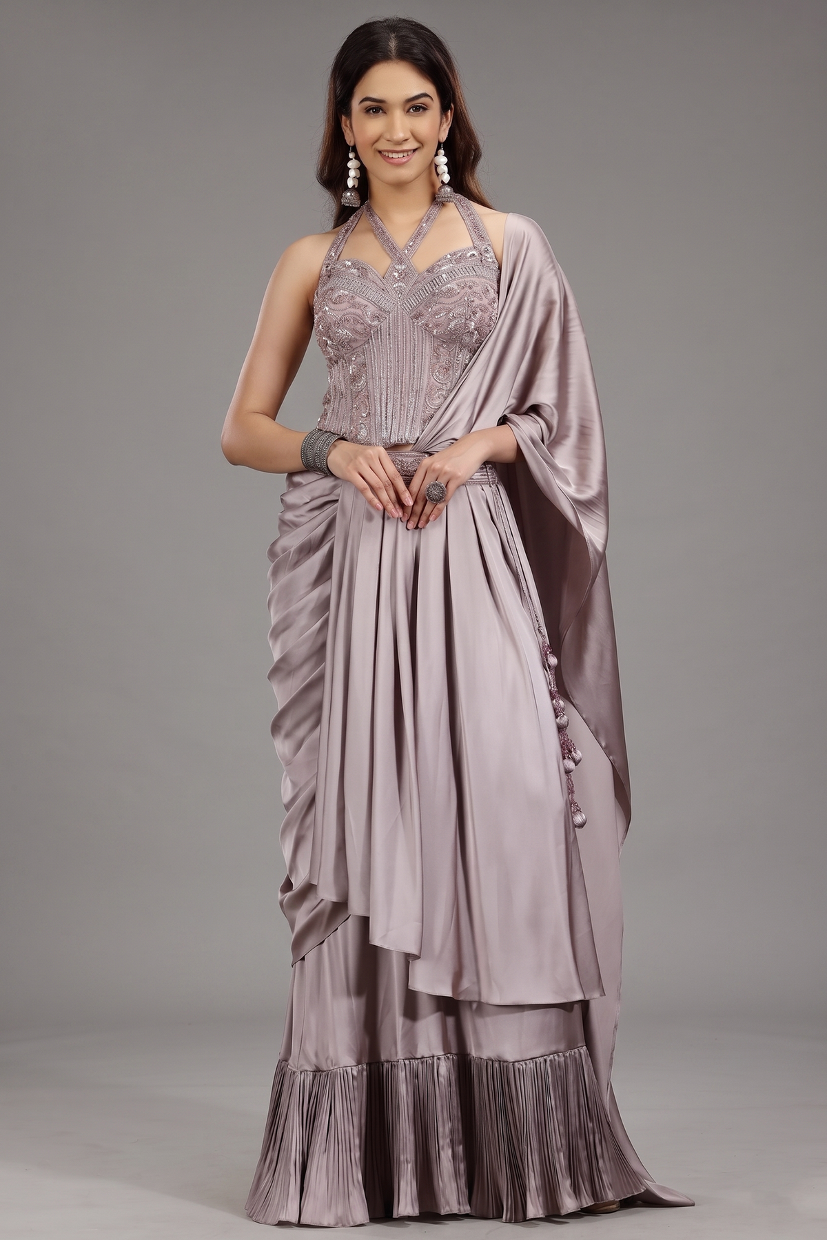 Dusty Mauve Satin Silk Embellished Corset Lehenga with Attached Dupatta