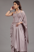 Dusty Mauve Satin Silk Embellished Corset Lehenga with Attached Dupatta