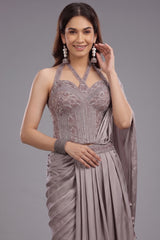 Dusty Mauve Satin Silk Embellished Corset Lehenga with Attached Dupatta
