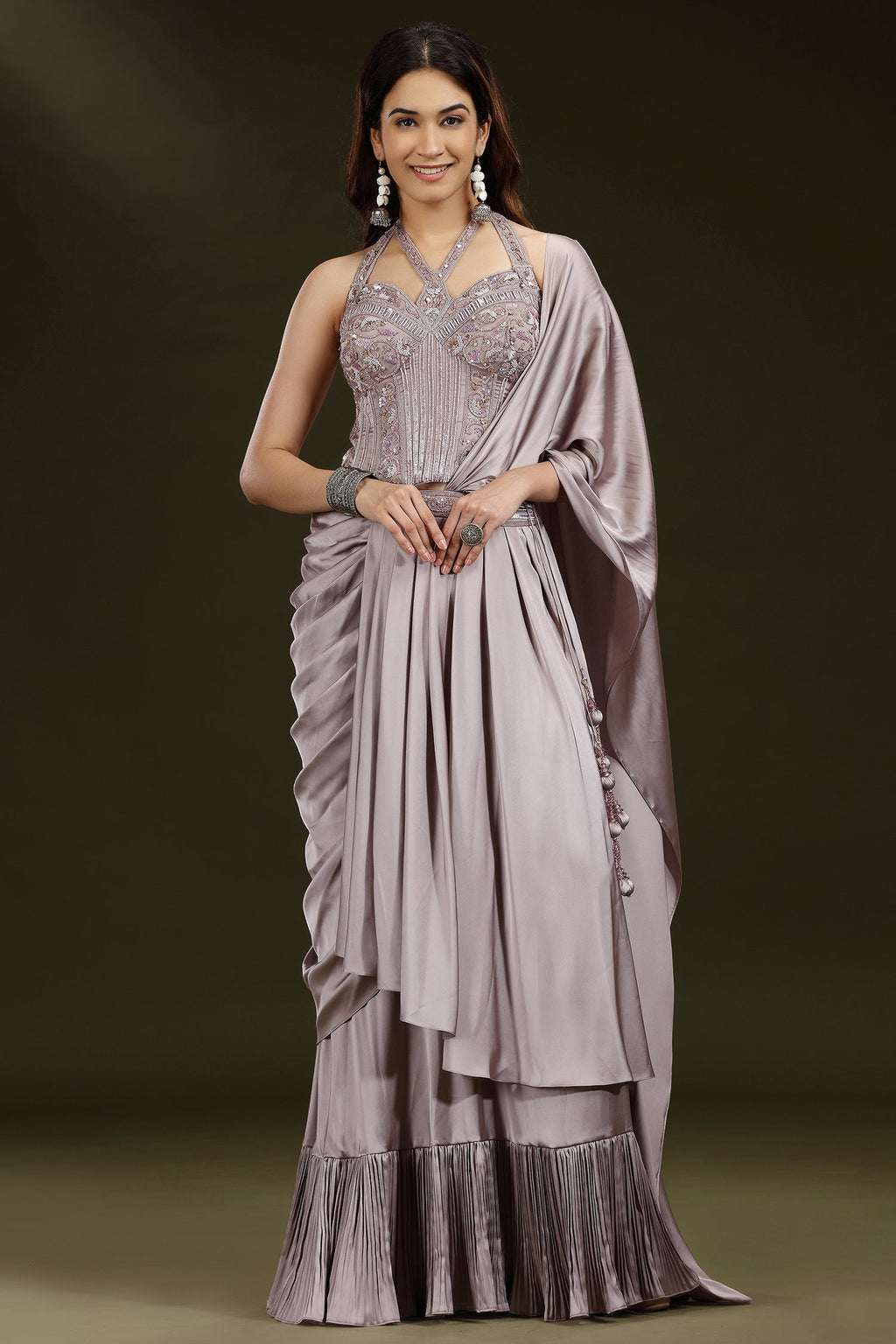 Dusty Mauve Satin Silk Embellished Corset Lehenga with Attached Dupatta