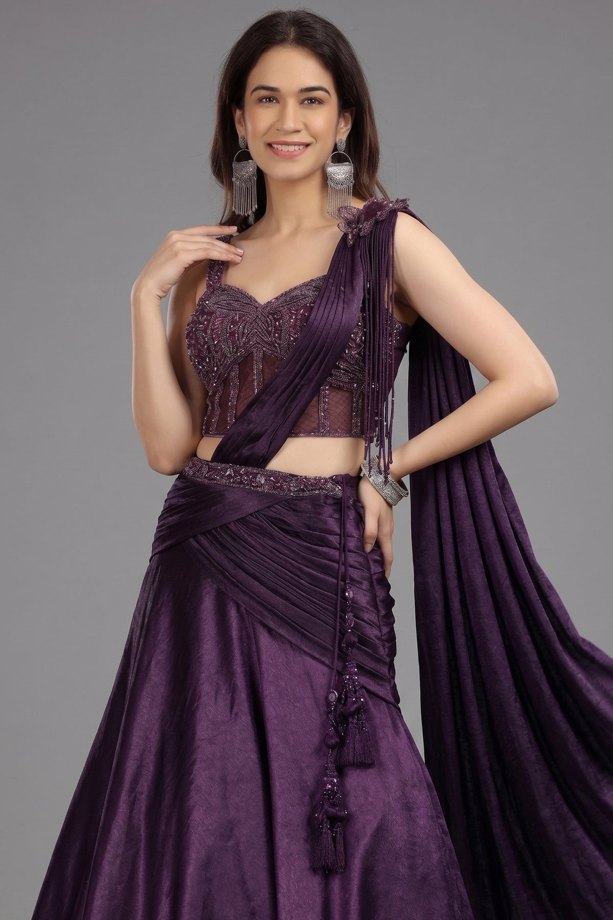 Eggplant Purple Satin Lehenga with Beaded Cutdana Corset Blouse and Attached Dupatta
