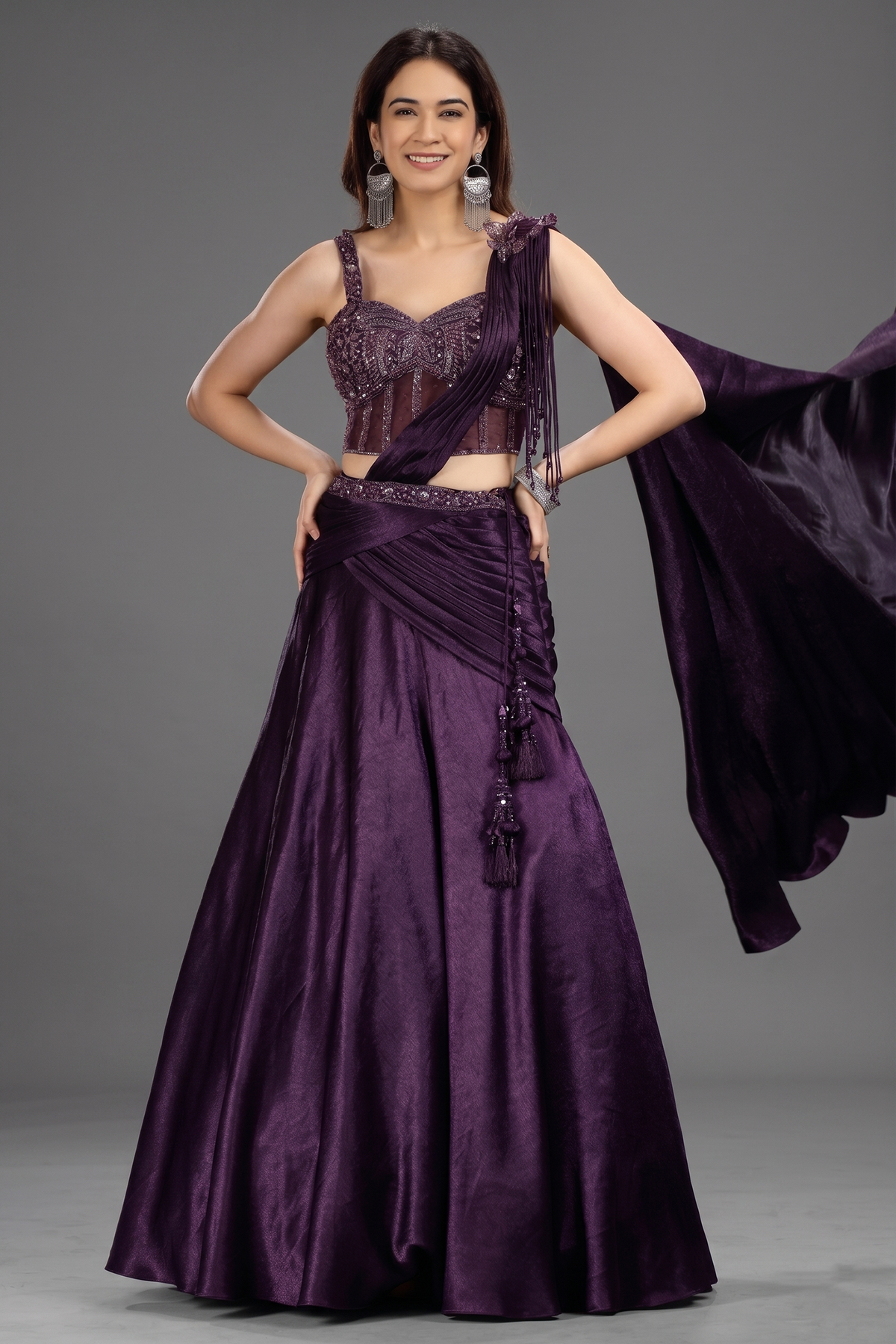 Eggplant Purple Satin Lehenga with Beaded Cutdana Corset Blouse and Attached Dupatta