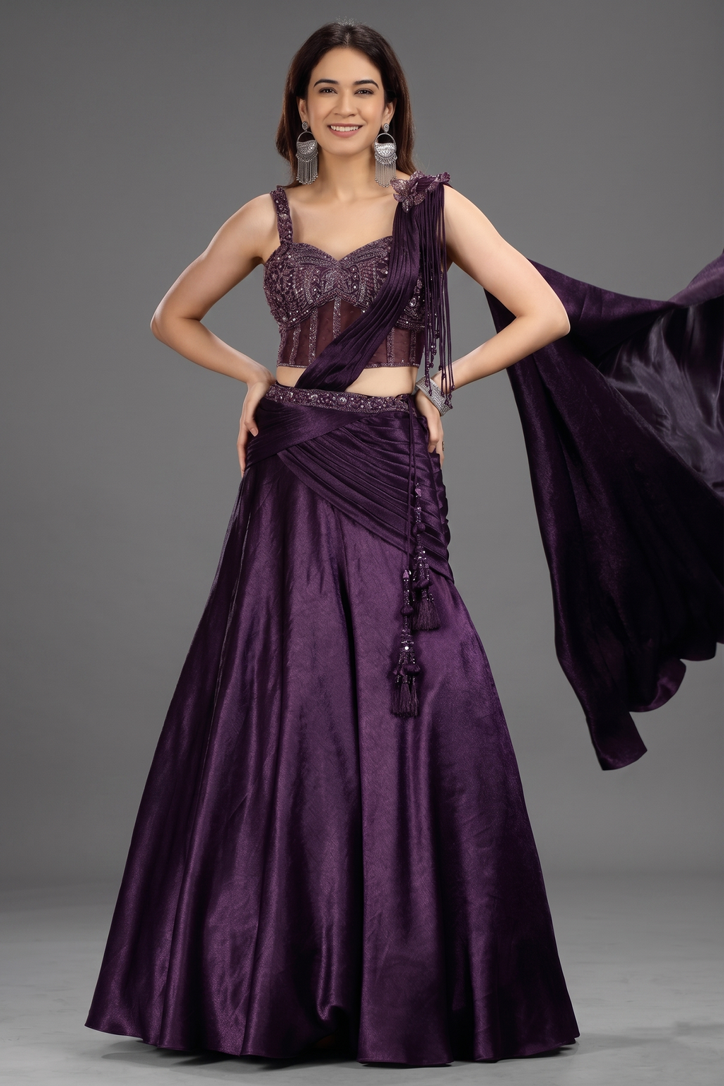 Eggplant Purple Satin Lehenga with Beaded Cutdana Corset Blouse and Attached Dupatta