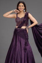 Eggplant Purple Satin Lehenga with Beaded Cutdana Corset Blouse and Attached Dupatta