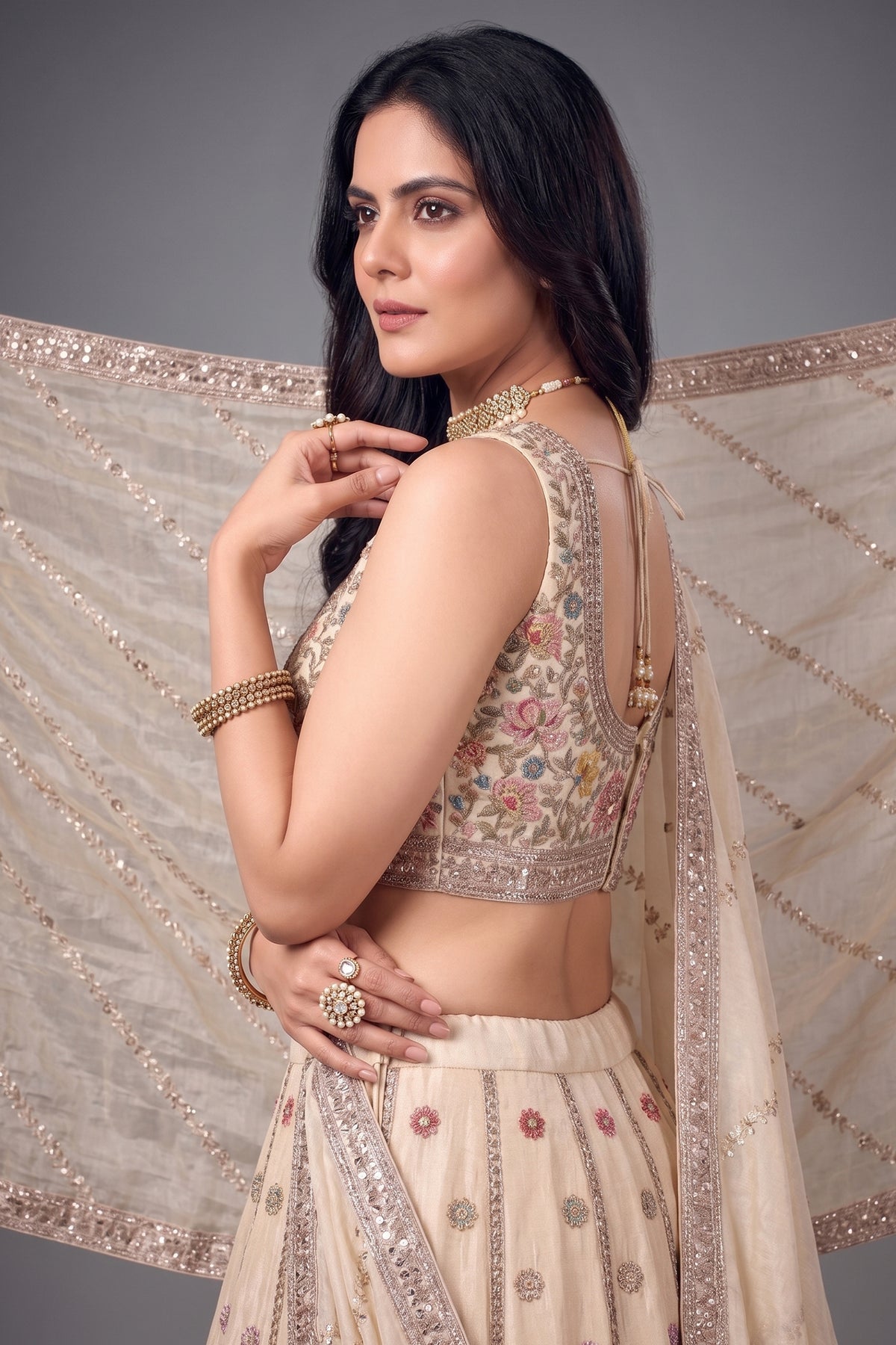 Cream Tissue Floral Embroidered Lehenga