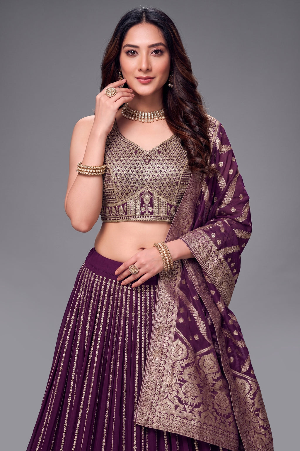 Wine Purple Chinon Sequinned Lehenga