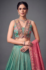 Sea Green Chinon Floral Printed Lehenga with Sequin Work